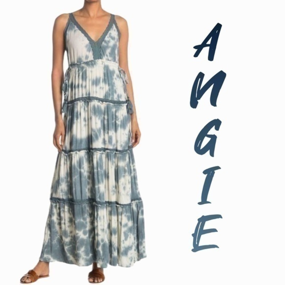 Angie Blue-Gray tie dye maxi dress sz L NWT